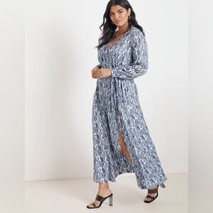 Eloquii Black Gray and White Long Sleeve Maxi Dress Front Slit Tie Waist Sz 16